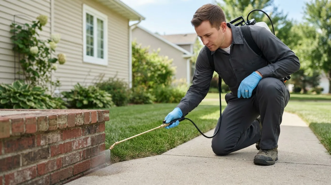 Pest control technician treating a home near Waelder, TX